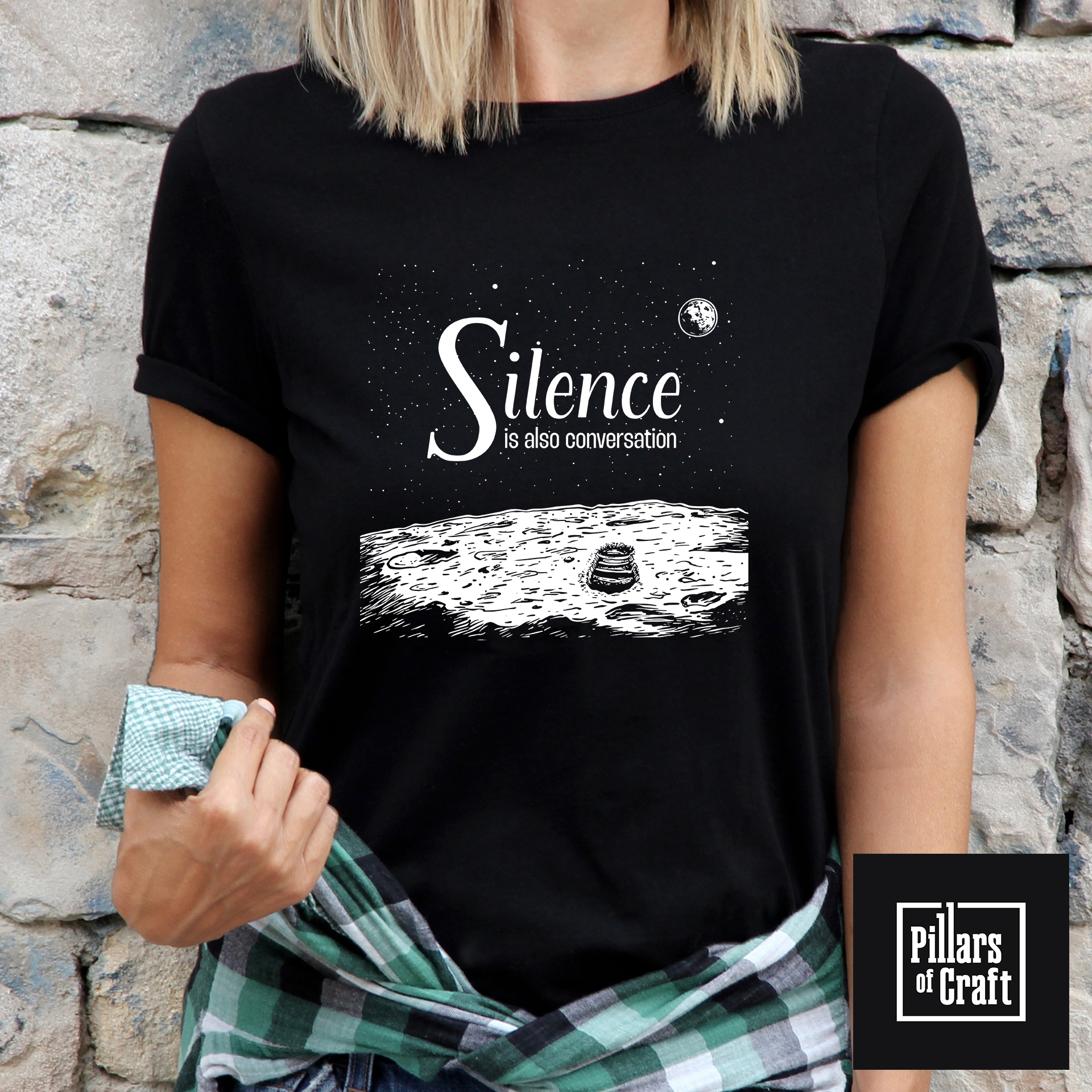 Footsteps on the moon T-shirt, Silence is also conversation T-shirt, Thought Provoking T-shirt - Image 2