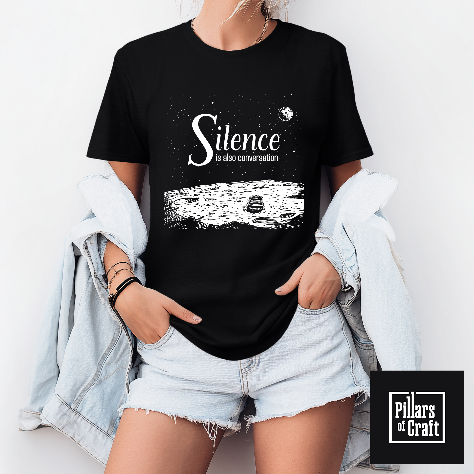 Footsteps on the moon T-shirt, Silence is also conversation T-shirt, Thought Provoking T-shirt - Image 4