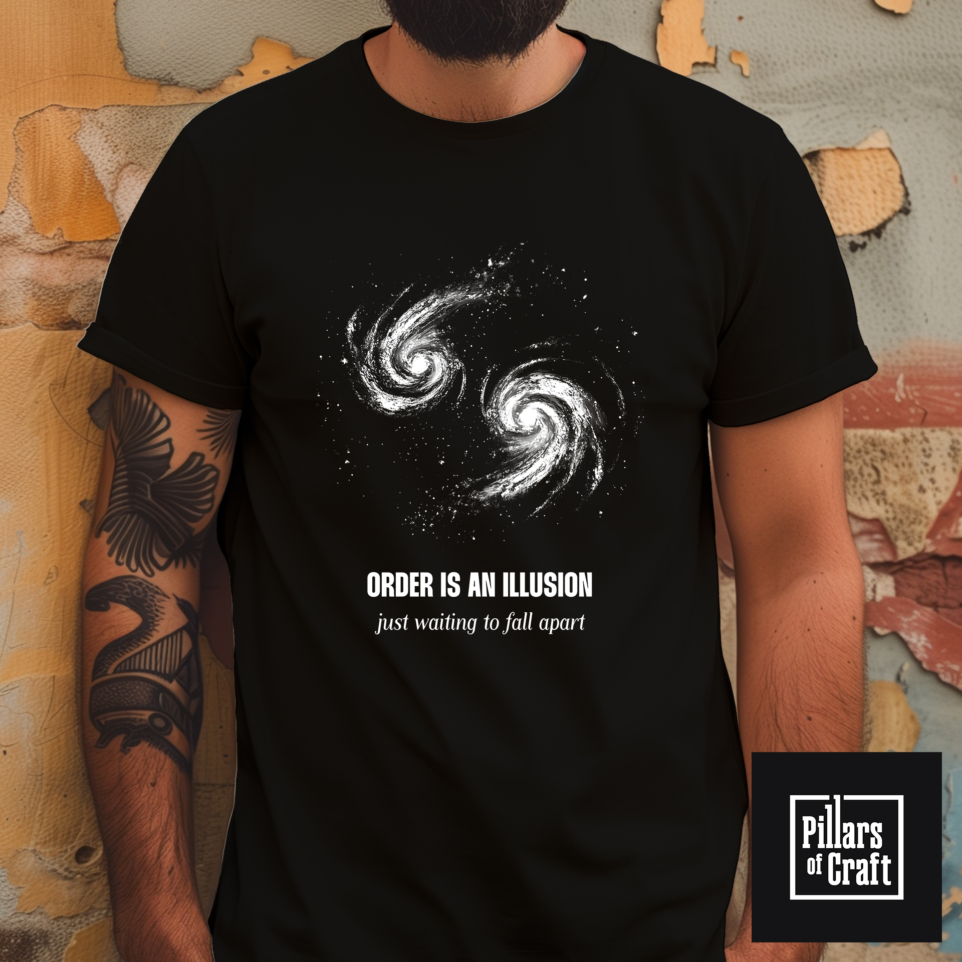 Galaxies colliding T-shirt, Order is an illusion T-shirt, Thought provoking T-shirt - Image 1
