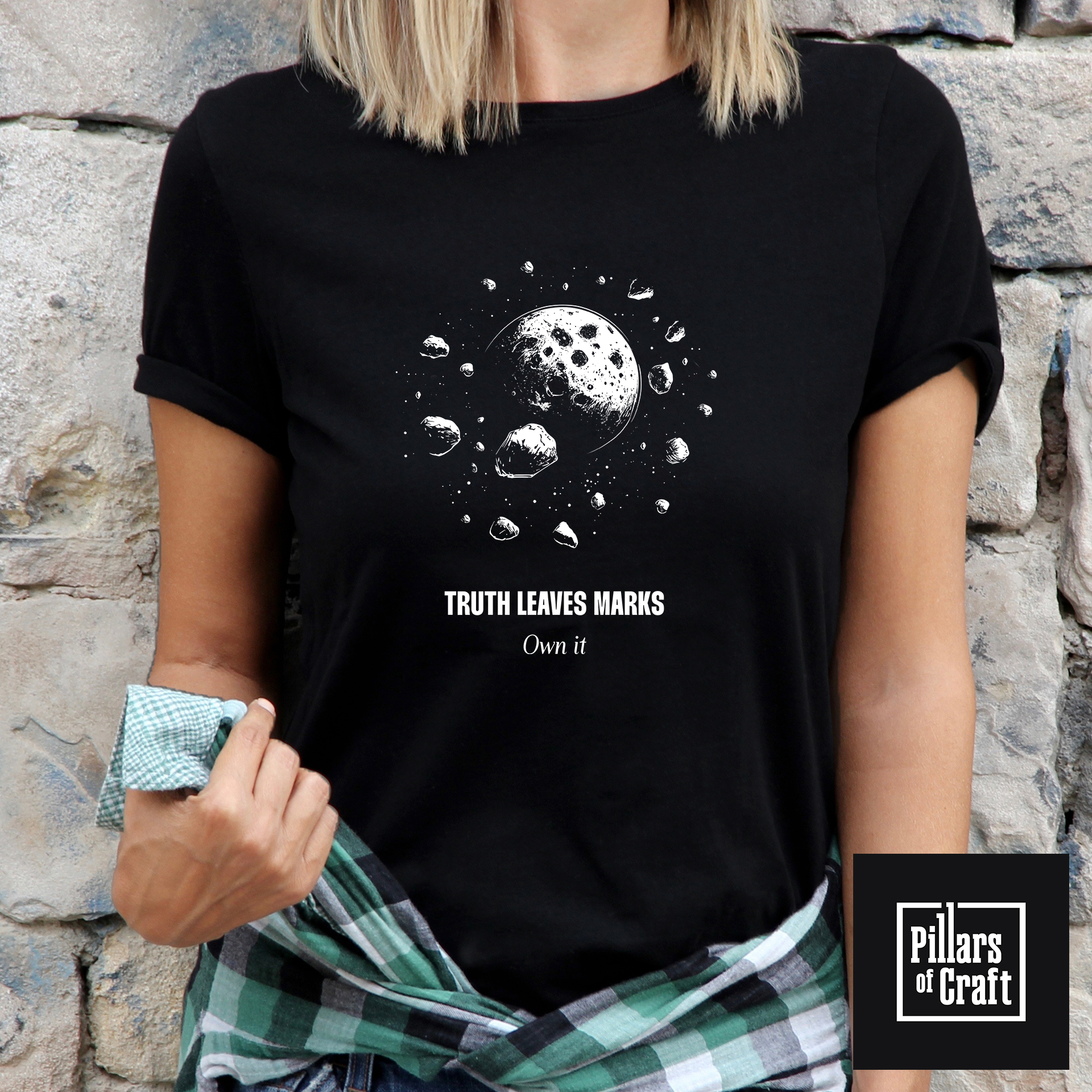 Moon T-shirt, Asteroids T-shirt, Truth leaves marks T-shirt, Cosmic T-shirt, Inspirational T-shirt - Image 1