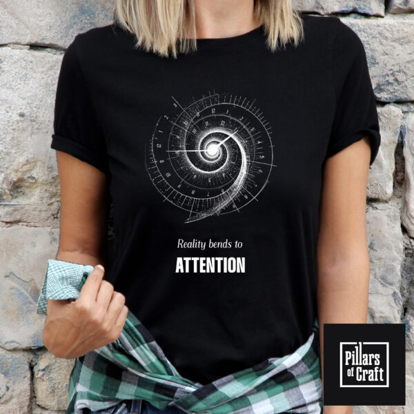 Reality bends to attention T-shirt, Spiraling Time T-shirt, Cosmic spiral T-shirt, Quantum physics T-shirt - Image 2