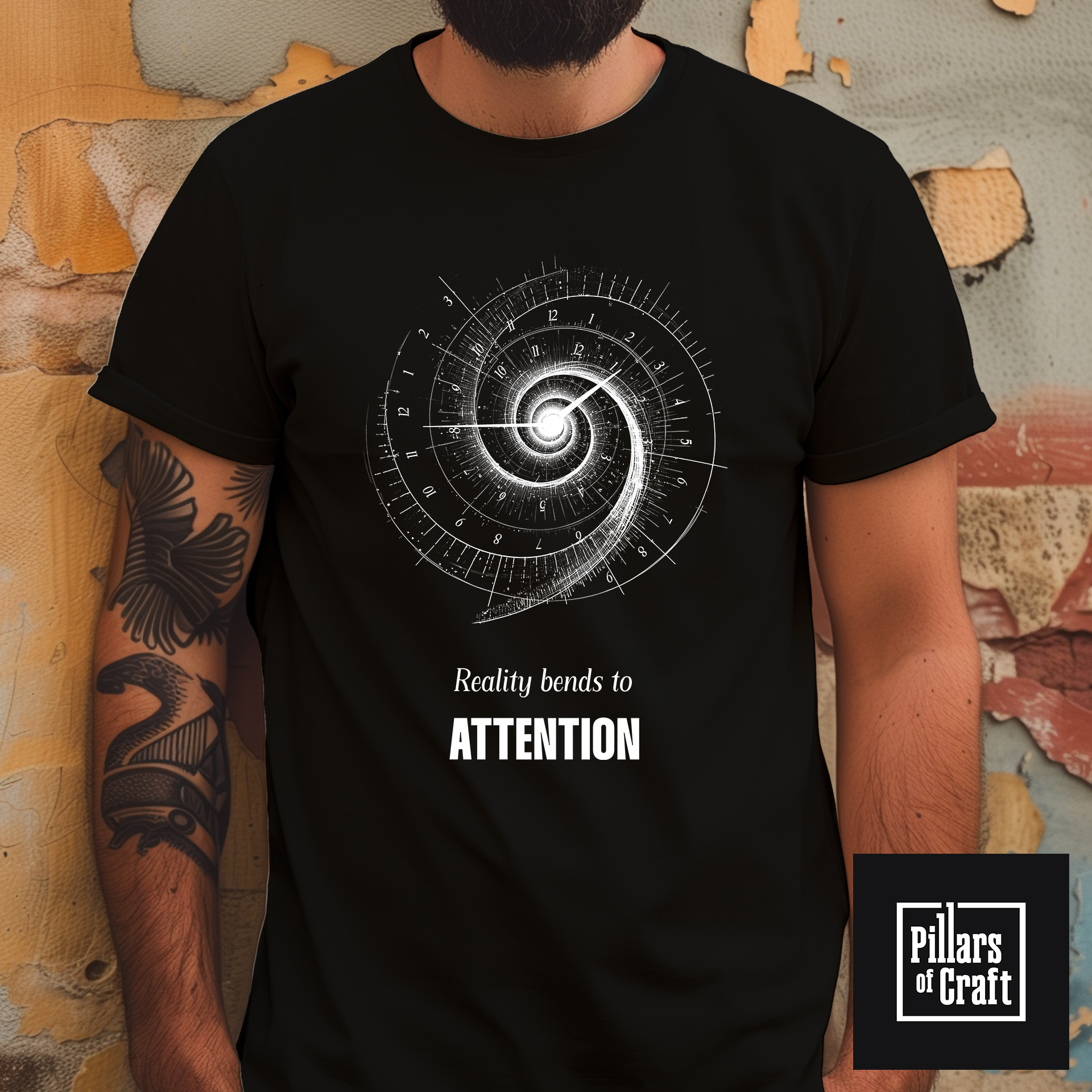Reality bends to attention T-shirt, Spiraling Time T-shirt, Cosmic spiral T-shirt, Quantum physics T-shirt - Image 1